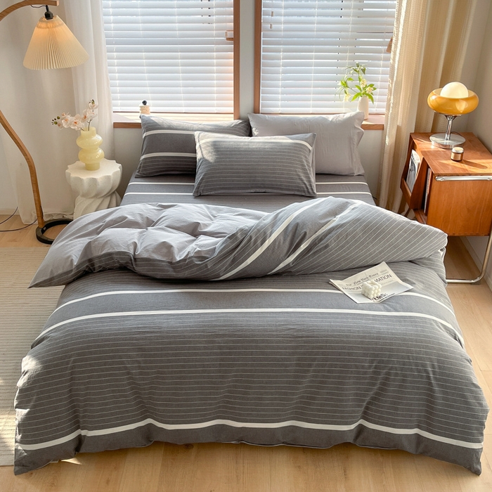 91家纺网 家纺一手货源 找家纺 启程家纺 2026新款全棉A类水洗棉多规格四件套单品-四件套 深灰条