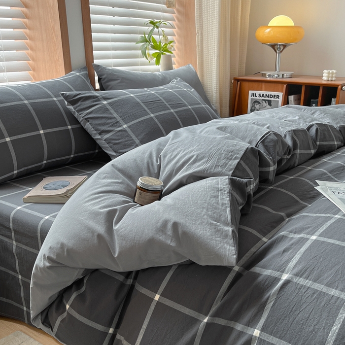 91家纺网 家纺一手货源 找家纺 启程家纺 2026新款全棉A类水洗棉多规格四件套单品-四件套 暗灰中格