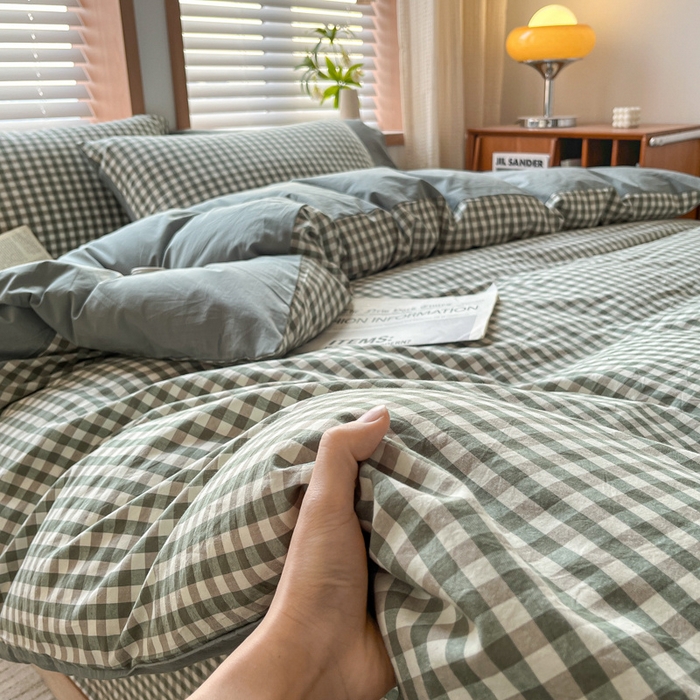 91家纺网 家纺一手货源 找家纺 启程家纺 2026新款全棉A类水洗棉多规格四件套单品-四件套 绿小格