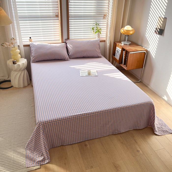 91家纺网 家纺一手货源 找家纺 启程家纺 2026新款全棉A类水洗棉多规格四件套单品-单床单 紫粉小格