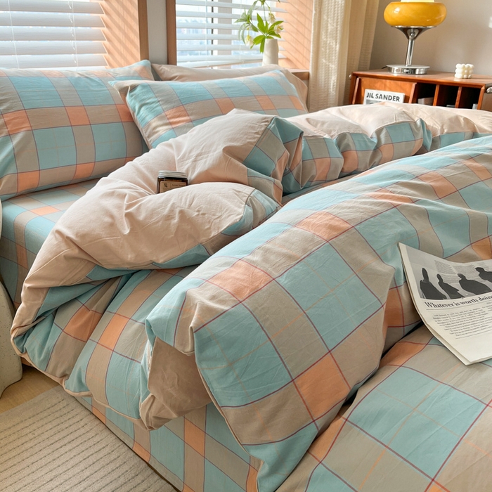 91家纺网 家纺一手货源 找家纺 启程家纺 2026新款全棉A类水洗棉多规格四件套单品-四件套 云华绿大格