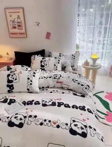 91家纺网 家纺一手货源 找家纺 葡萄家 2024新款双层纱云柔水洗棉萌趣卡通系列四件套（提供买家秀联系客服） 可爱熊猫