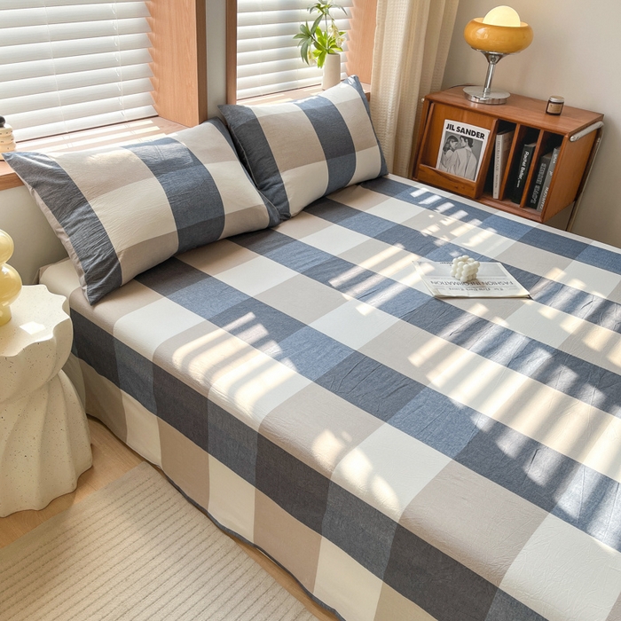 91家纺网 家纺一手货源 找家纺 启程家纺 2026新款全棉A类水洗棉多规格四件套单品-单床单 蓝大格