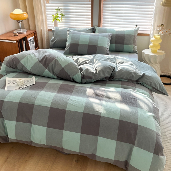 91家纺网 家纺一手货源 找家纺 启程家纺 2026新款全棉A类水洗棉多规格四件套单品-四件套 绿灰大格