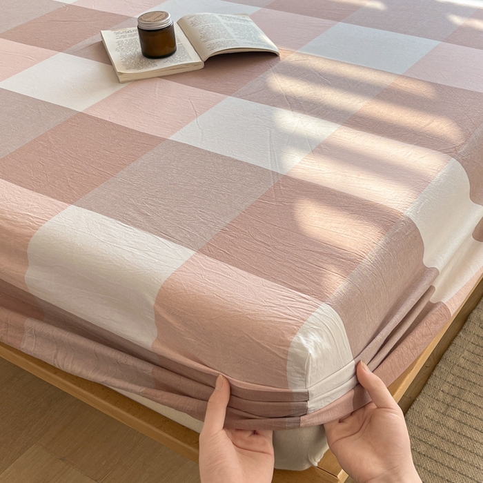 91家纺网 家纺一手货源 找家纺 启程家纺 2026新款全棉A类水洗棉多规格四件套单品-单床笠 粉大格