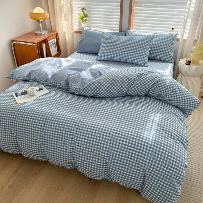 91家纺网 家纺一手货源 找家纺 启程家纺 2026新款全棉A类水洗棉多规格四件套单品-四件套 浅蓝小格