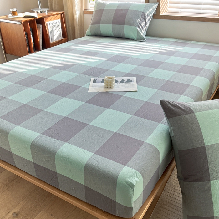 91家纺网 家纺一手货源 找家纺 启程家纺 2026新款全棉A类水洗棉多规格四件套单品-单床笠 绿灰大格