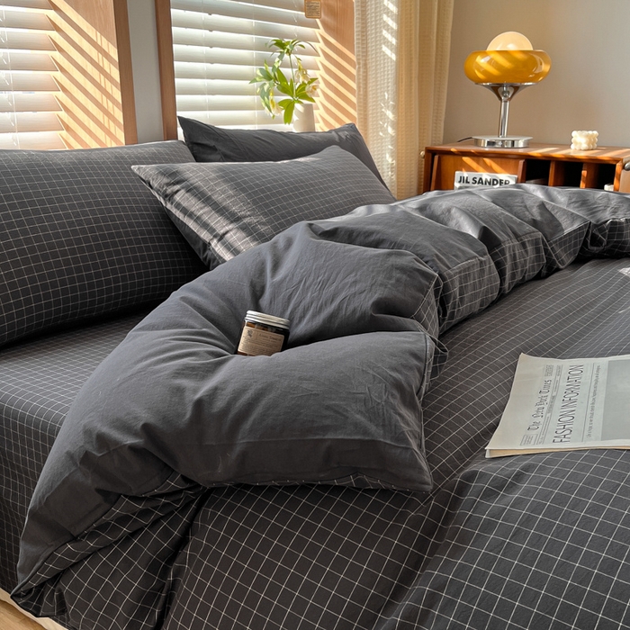 91家纺网 家纺一手货源 找家纺 启程家纺 2026新款全棉A类水洗棉多规格四件套单品-四件套 灰小方格