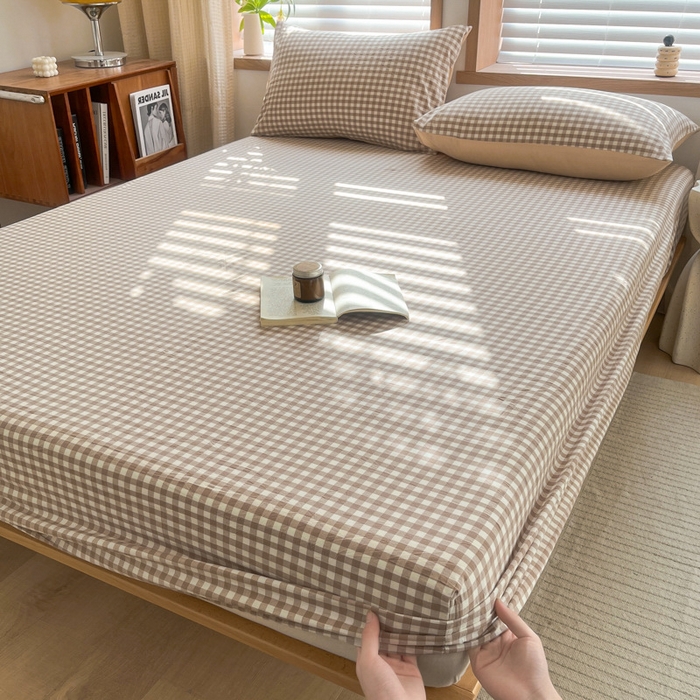 91家纺网 家纺一手货源 找家纺 启程家纺 2026新款全棉A类水洗棉多规格四件套单品-单床笠 米小格