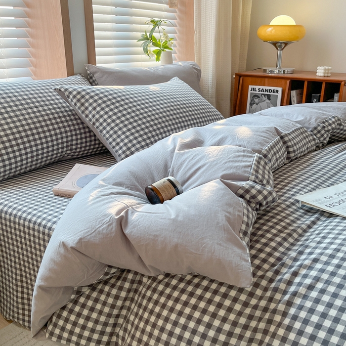 91家纺网 家纺一手货源 找家纺 启程家纺 2026新款全棉A类水洗棉多规格四件套单品-四件套 灰小格