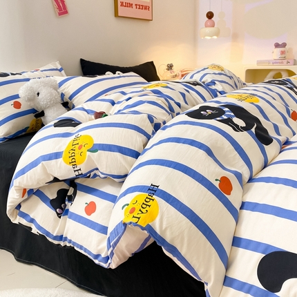 葡萄家 2024新款双层纱云柔水洗棉萌趣卡通系列四件套（提供买家秀联系客服） 蓝小猫