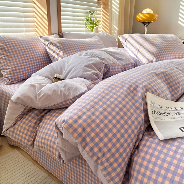 91家纺网 家纺一手货源 找家纺 启程家纺 2026新款全棉A类水洗棉多规格四件套单品-四件套 紫粉小格