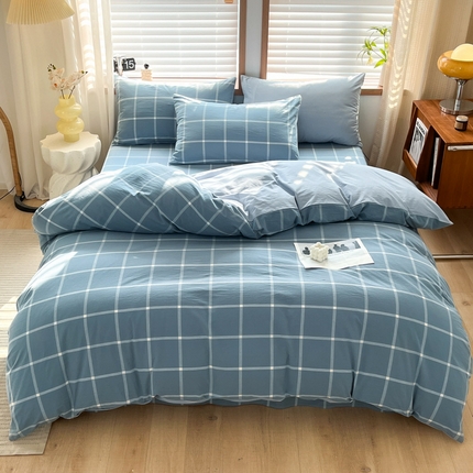启程家纺 2026新款全棉A类水洗棉多规格四件套单品-四件套 蓝灰中格