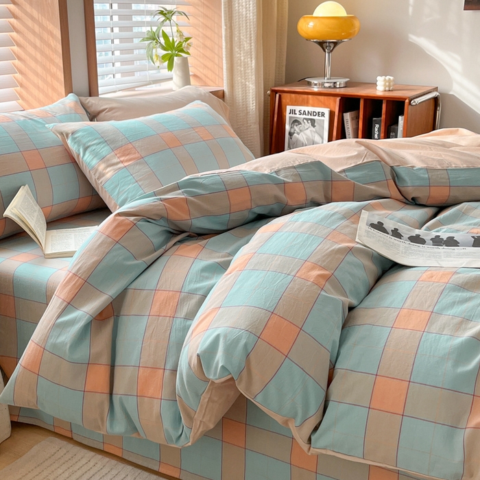 91家纺网 家纺一手货源 找家纺 启程家纺 2026新款全棉A类水洗棉多规格四件套单品-四件套 云华绿大格