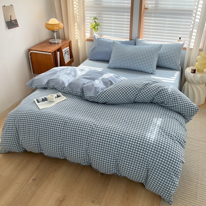 91家纺网 家纺一手货源 找家纺 启程家纺 2026新款全棉A类水洗棉多规格四件套单品-四件套 浅蓝小格