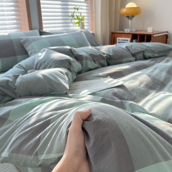 91家纺网 家纺一手货源 找家纺 启程家纺 2026新款全棉A类水洗棉多规格四件套单品-四件套 绿灰大格