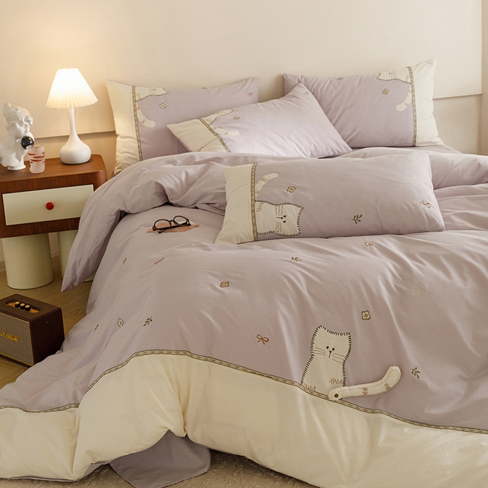 91家纺网 家纺一手货源 找家纺 艾莱家纺 2024新款水洗棉加厚绣花四件套 紫色cat