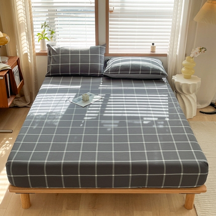 91家纺网 家纺一手货源 找家纺 启程家纺 2026新款全棉A类水洗棉多规格四件套单品-单床笠 暗灰中格