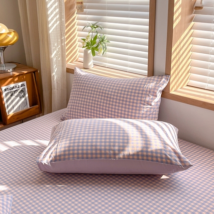 启程家纺 2026新款全棉A类水洗棉多规格四件套单品-单枕套 紫粉小格