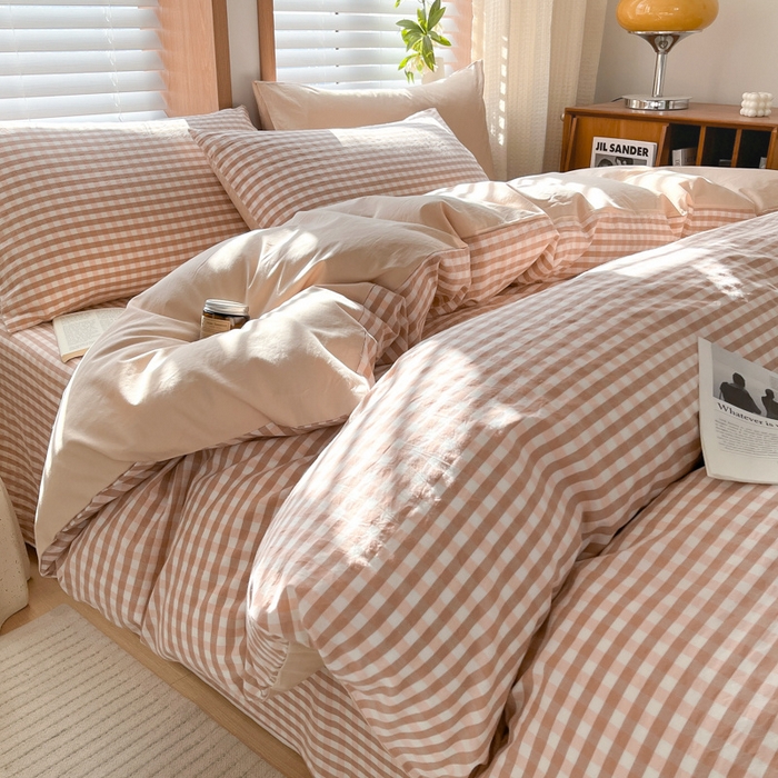 91家纺网 家纺一手货源 找家纺 启程家纺 2026新款全棉A类水洗棉多规格四件套单品-四件套 粉小格