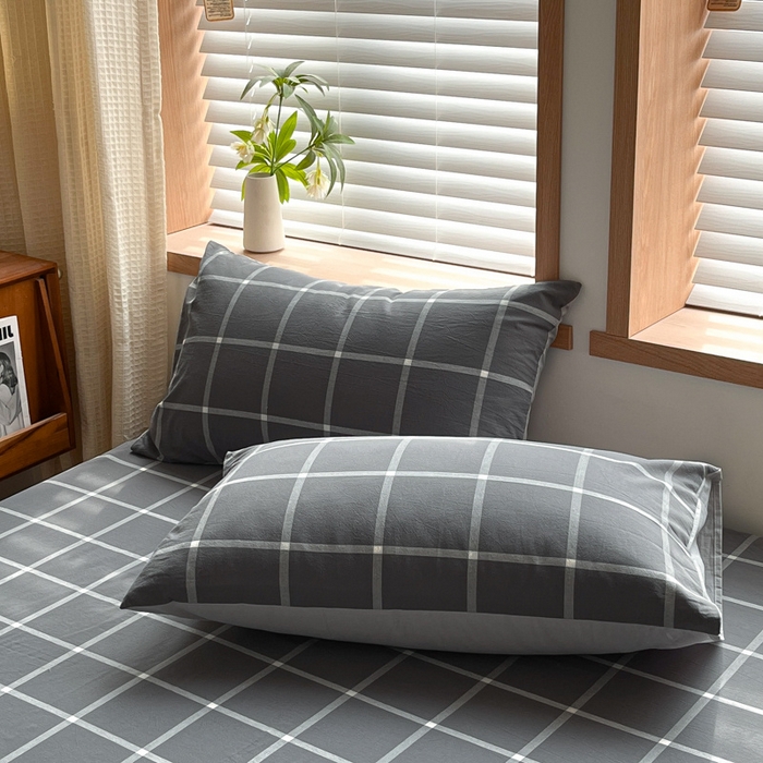 91家纺网 家纺一手货源 找家纺 启程家纺 2026新款全棉A类水洗棉多规格四件套单品-单枕套 暗灰中格