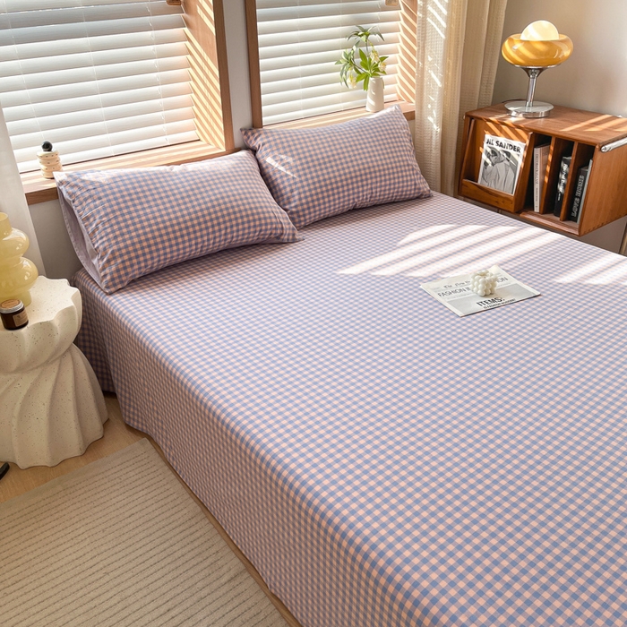 91家纺网 家纺一手货源 找家纺 启程家纺 2026新款全棉A类水洗棉多规格四件套单品-单床单 紫粉小格