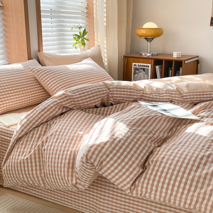 91家纺网 家纺一手货源 找家纺 启程家纺 2026新款全棉A类水洗棉多规格四件套单品-四件套 粉小格