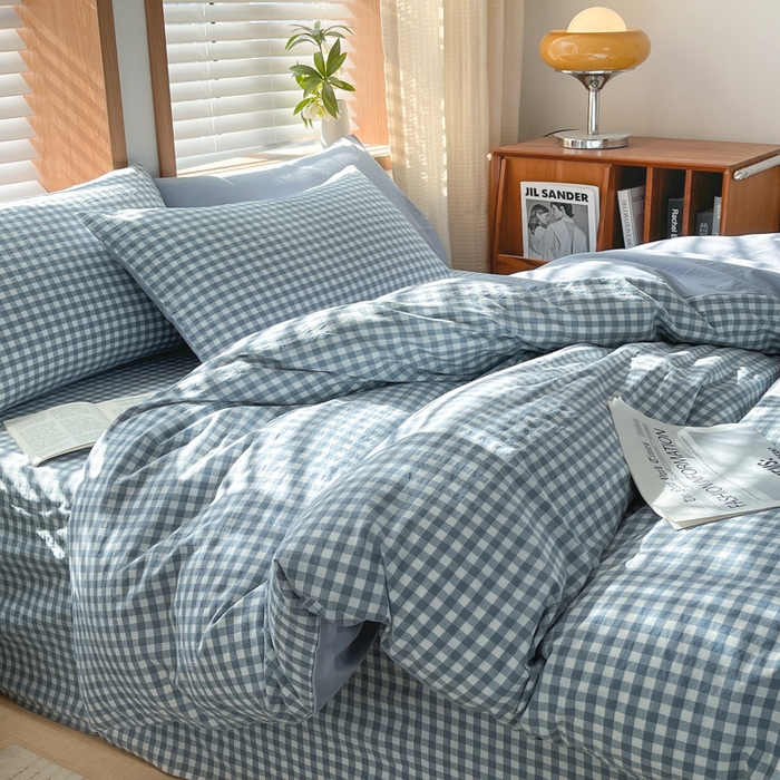 91家纺网 家纺一手货源 找家纺 启程家纺 2026新款全棉A类水洗棉多规格四件套单品-四件套 浅蓝小格