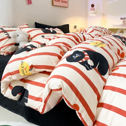 葡萄家 2024新款双层纱云柔水洗棉萌趣卡通系列四件套（提供买家秀联系客服） 红小猫