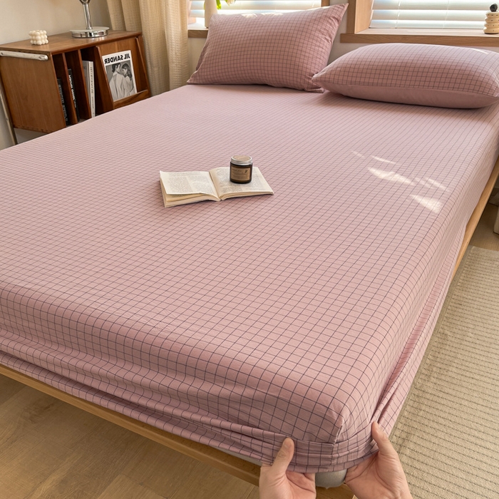 91家纺网 家纺一手货源 找家纺 启程家纺 2026新款全棉A类水洗棉多规格四件套单品-单床笠 粉小方格