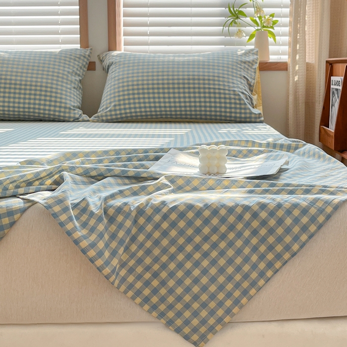 91家纺网 家纺一手货源 找家纺 启程家纺 2026新款全棉A类水洗棉多规格四件套单品-单床单 蓝黄小格
