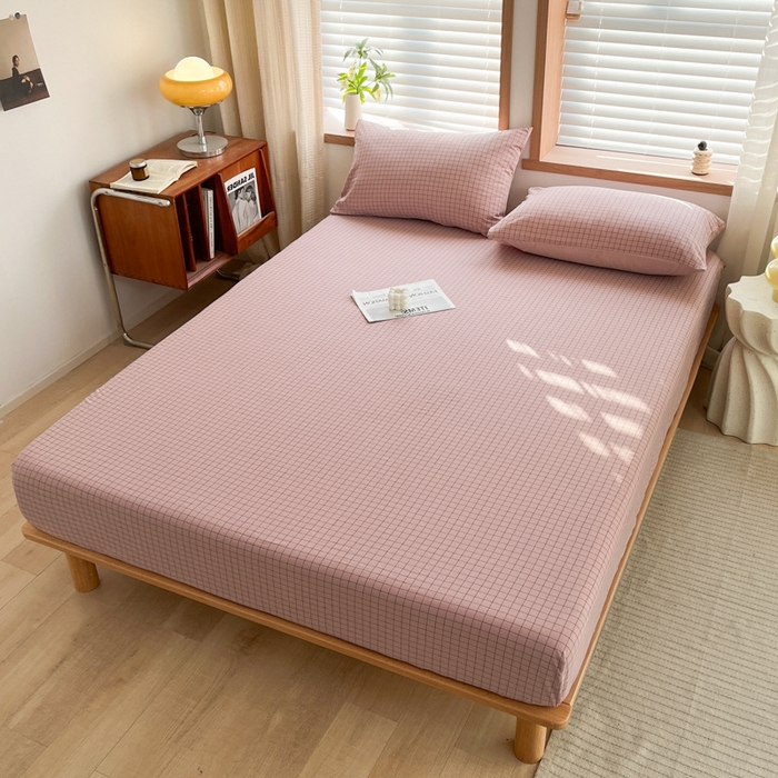 91家纺网 家纺一手货源 找家纺 启程家纺 2026新款全棉A类水洗棉多规格四件套单品-单床笠 粉小方格