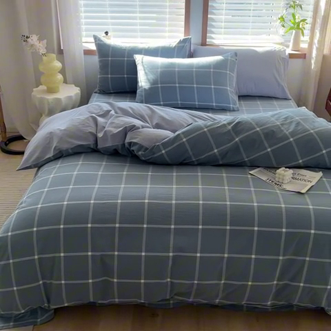 91家纺网 家纺一手货源 找家纺 启程家纺 2026新款全棉A类水洗棉多规格四件套单品-四件套 蓝灰中格