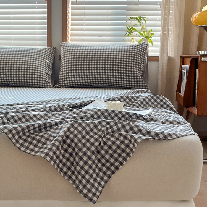 91家纺网 家纺一手货源 找家纺 启程家纺 2026新款全棉A类水洗棉多规格四件套单品-单床单 灰小格