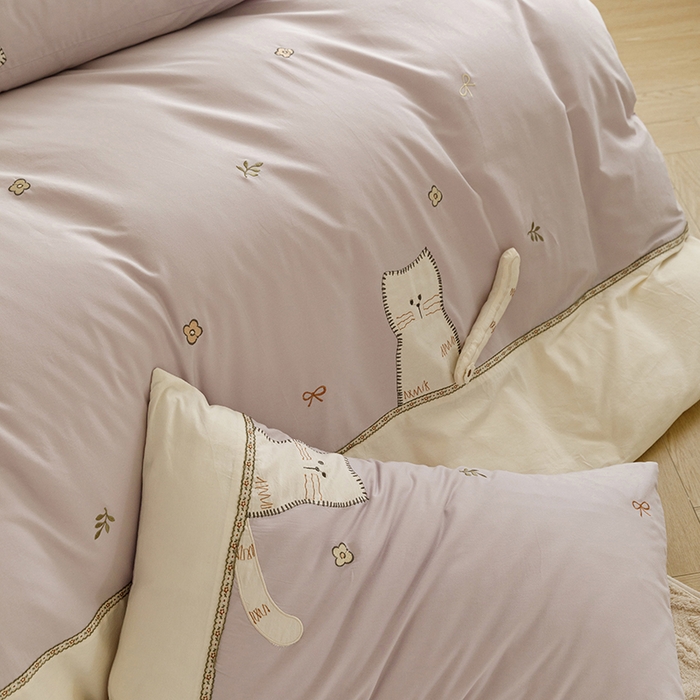 91家纺网 家纺一手货源 找家纺 艾莱家纺 2024新款水洗棉加厚绣花四件套 紫色cat