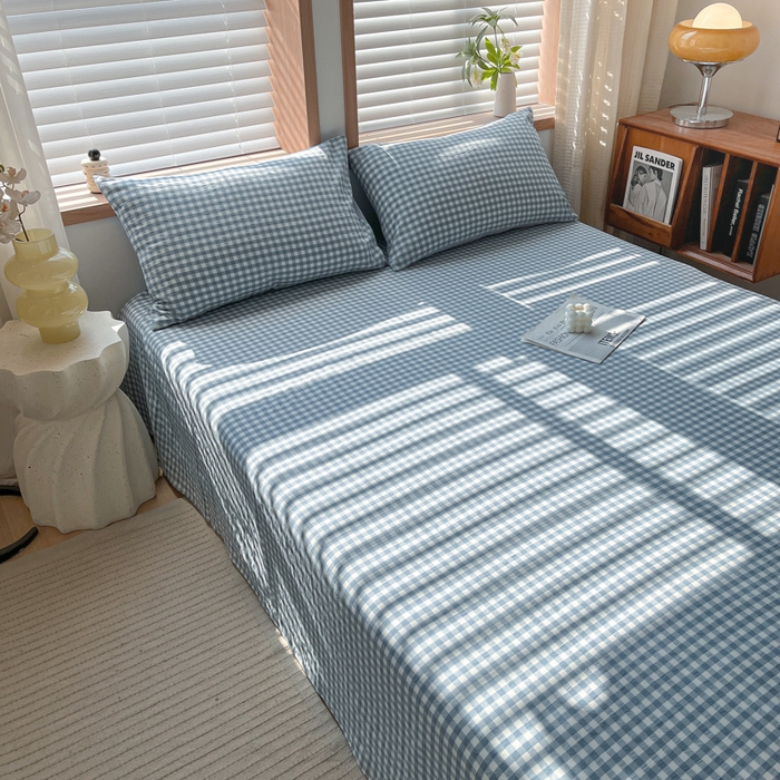 91家纺网 家纺一手货源 找家纺 启程家纺 2026新款全棉A类水洗棉多规格四件套单品-单床单 浅蓝小格