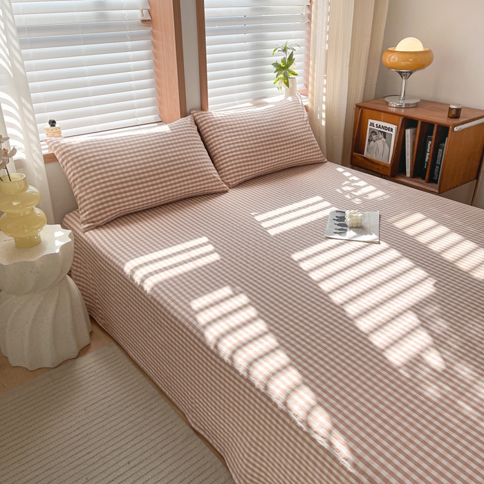 91家纺网 家纺一手货源 找家纺 启程家纺 2026新款全棉A类水洗棉多规格四件套单品-单床单 粉小格