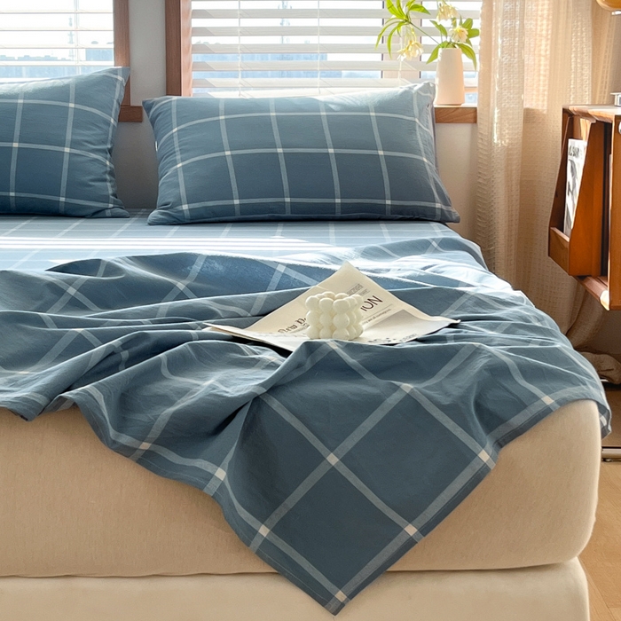 91家纺网 家纺一手货源 找家纺 启程家纺 2026新款全棉A类水洗棉多规格四件套单品-单床单 蓝灰中格