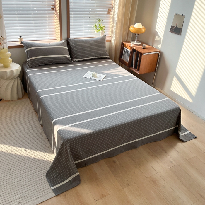 91家纺网 家纺一手货源 找家纺 启程家纺 2026新款全棉A类水洗棉多规格四件套单品-单床单 深灰条