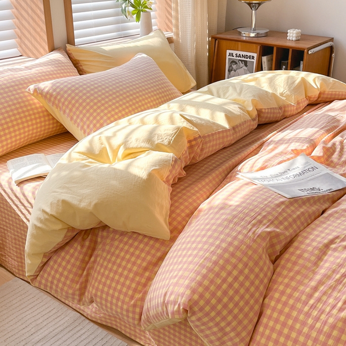 91家纺网 家纺一手货源 找家纺 启程家纺 2026新款全棉A类水洗棉多规格四件套单品-四件套 黄粉小格