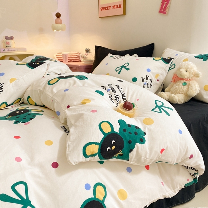 91家纺网 家纺一手货源 找家纺 葡萄家 2024新款双层纱云柔水洗棉萌趣卡通系列四件套（提供买家秀联系客服） 欢乐皮皮