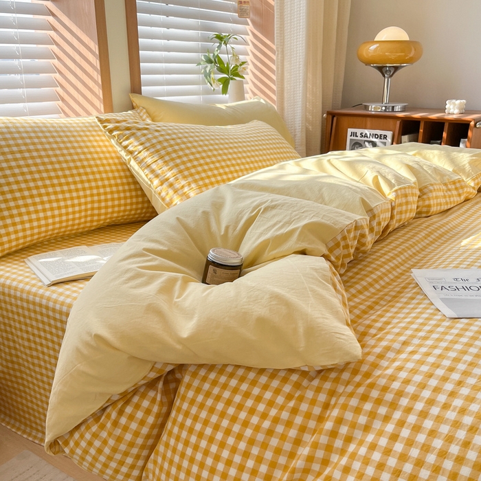 91家纺网 家纺一手货源 找家纺 启程家纺 2026新款全棉A类水洗棉多规格四件套单品-四件套 黄小格