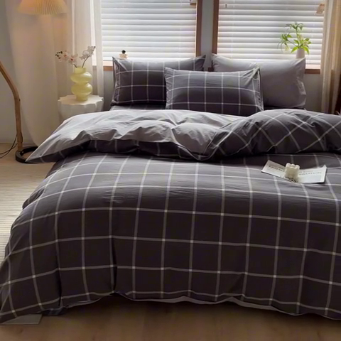 91家纺网 家纺一手货源 找家纺 启程家纺 2026新款全棉A类水洗棉多规格四件套单品-四件套 暗灰中格