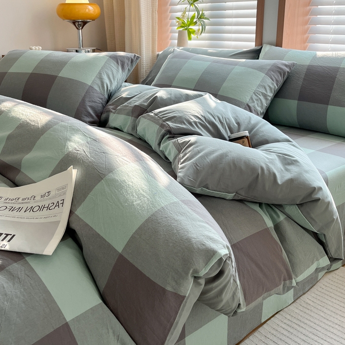 91家纺网 家纺一手货源 找家纺 启程家纺 2026新款全棉A类水洗棉多规格四件套单品-四件套 绿灰大格