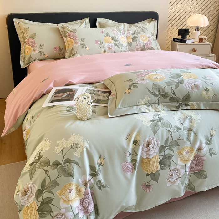 91家纺网 家纺一手货源 找家纺 格里芬家纺 2025新款全棉四件套13376纯棉印花四件套 花绘-绿