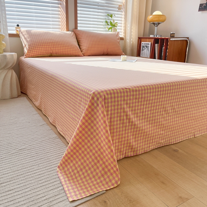 91家纺网 家纺一手货源 找家纺 启程家纺 2026新款全棉A类水洗棉多规格四件套单品-单床单 黄粉小格