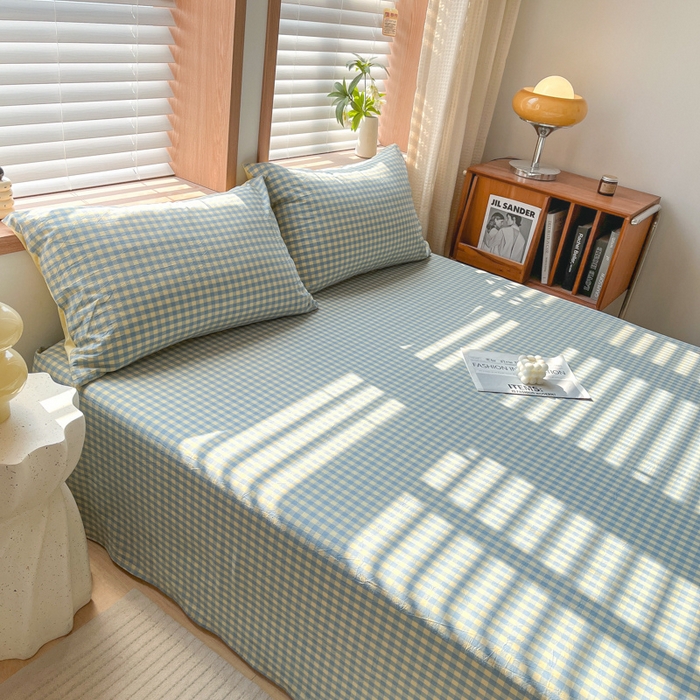 91家纺网 家纺一手货源 找家纺 启程家纺 2026新款全棉A类水洗棉多规格四件套单品-单床单 蓝黄小格