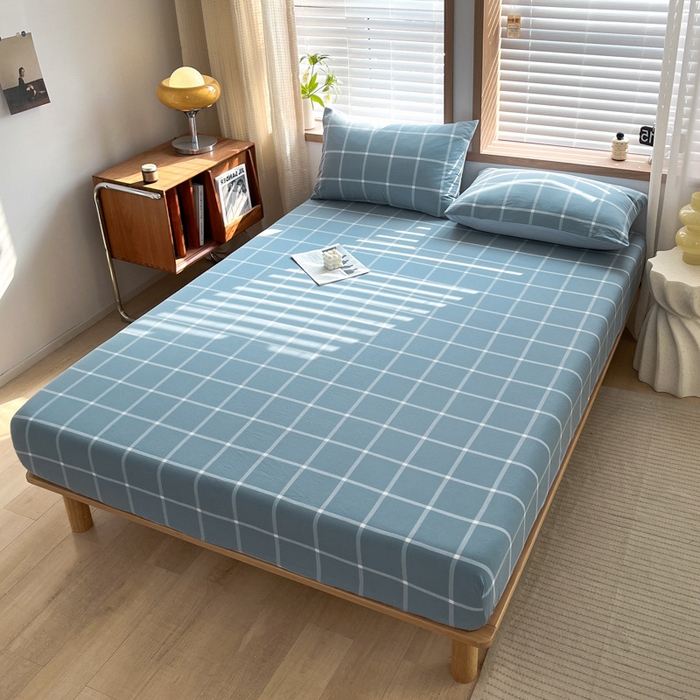 91家纺网 家纺一手货源 找家纺 启程家纺 2026新款全棉A类水洗棉多规格四件套单品-单床笠 蓝灰中格