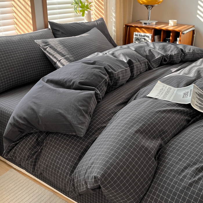 91家纺网 家纺一手货源 找家纺 启程家纺 2026新款全棉A类水洗棉多规格四件套单品-四件套 灰小方格