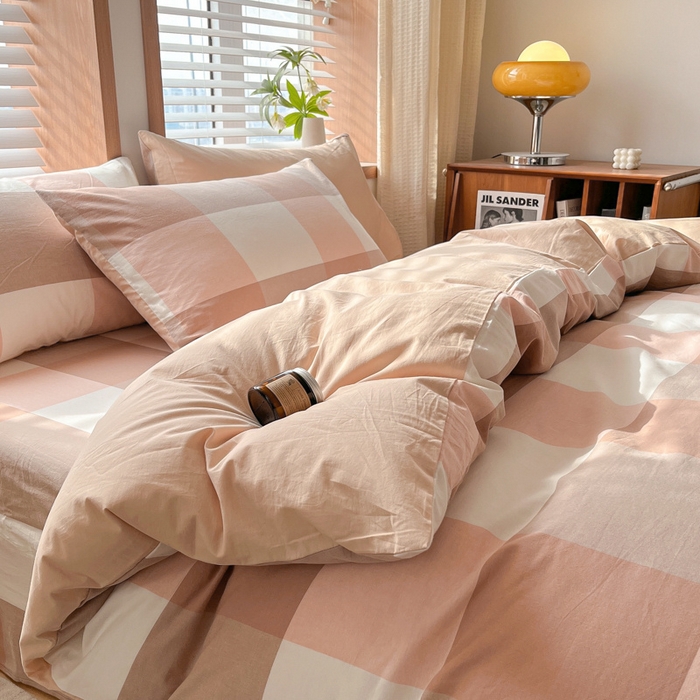 91家纺网 家纺一手货源 找家纺 启程家纺 2026新款全棉A类水洗棉多规格四件套单品-四件套 粉大格